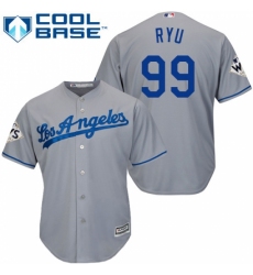 Youth Majestic Los Angeles Dodgers #99 Hyun-Jin Ryu Replica Grey Road 2017 World Series Bound Cool Base MLB Jersey