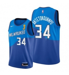 Men's Nike Milwaukee Bucks #34 Giannis Antetokounmpo 2021 NBA Finals Champions City Edition Jersey Blue