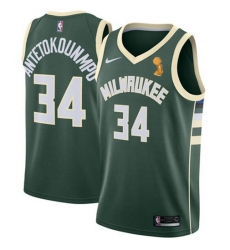 Men's Nike Milwaukee Bucks #34 Giannis Antetokounmpo 2021 NBA Finals Champions Swingman Icon Edition Jersey Green