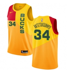 Men's Nike Milwaukee Bucks #34 Giannis Antetokounmpo Yellow NBA Swingman City Edition 2018-19 Jersey