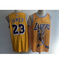 Men's Los Angeles Lakers #23 Lebron James Yellow Skull Stitched Basketball Jersey