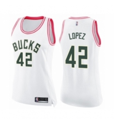 Women's Milwaukee Bucks #42 Robin Lopez Swingman White Pink Fashion Basketball Jersey