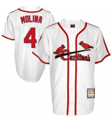 Men's Mitchell and Ness St. Louis Cardinals #4 Yadier Molina Replica White Throwback MLB Jersey