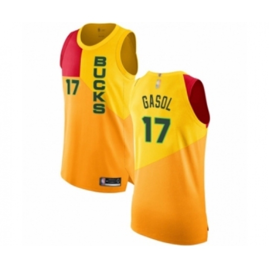 Men's Milwaukee Bucks #17 Pau Gasol Authentic Yellow Basketball Jersey - City Edition Men's Milwaukee Bucks #17 Pau Gasol Authentic Yellow Basketball Jersey - City Edition
