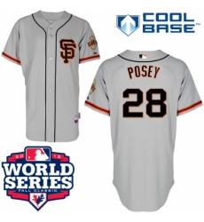 Men's Majestic San Francisco Giants #28 Buster Posey Replica Grey Road 2 Cool Base 2012 World Series Patch MLB Jersey