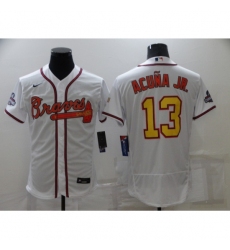 Men's Atlanta Braves #13 Ronald Acuna Jr. 2021 White Gold World Series Champions Jersey