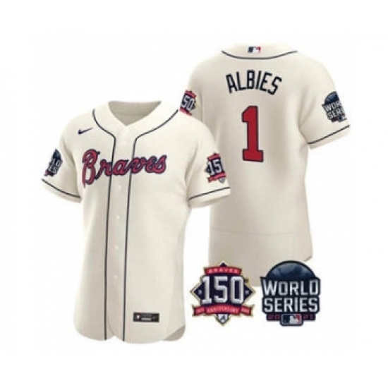 Men's Atlanta Braves #1 Ozzie Albies 2021 Cream World Series Flex Base With 150th Anniversary Patch Baseball Jersey