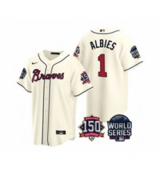 Men's Atlanta Braves #1 Ozzie Albies 2021 Cream World Series With 150th Anniversary Patch Cool Base Baseball Jersey