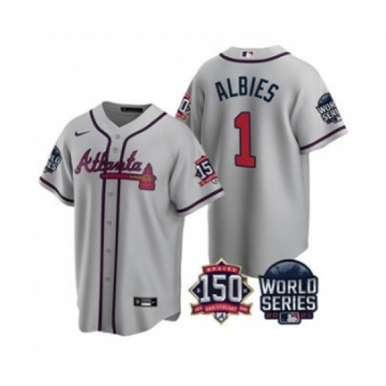 Men's Atlanta Braves #1 Ozzie Albies 2021 Gray World Series With 150th Anniversary Patch Cool Base Baseball Jersey