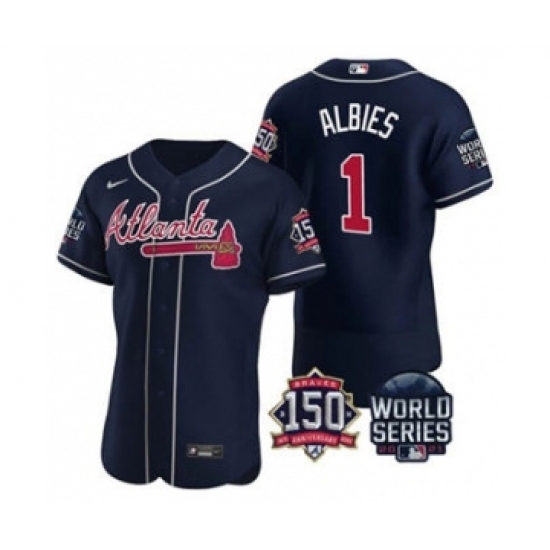 Men's Atlanta Braves #1 Ozzie Albies 2021 Navy World Series Flex Base With 150th Anniversary Patch Baseball Jersey