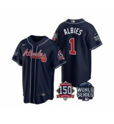 Men's Atlanta Braves #1 Ozzie Albies 2021 Navy World Series With 150th Anniversary Patch Cool Base Baseball Jersey