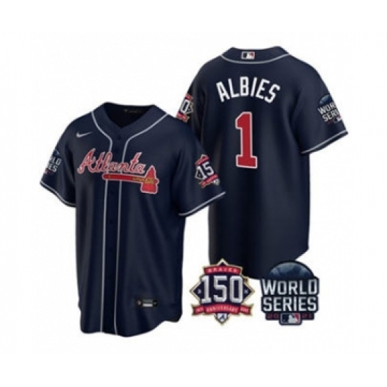 Men's Atlanta Braves #1 Ozzie Albies 2021 Navy World Series With 150th Anniversary Patch Cool Base Baseball Jersey