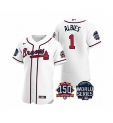 Men's Atlanta Braves #1 Ozzie Albies 2021 White World Series Flex Base With 150th Anniversary Patch Baseball Jersey