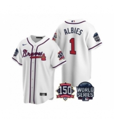 Men's Atlanta Braves #1 Ozzie Albies 2021 White World Series With 150th Anniversary Patch Cool Base Baseball Jersey
