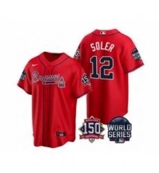 Men's Atlanta Braves #12 Jorge Soler 2021 White World Series With 150th Anniversary Patch Cool Base Stitched Jersey