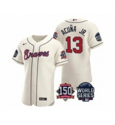 Men's Atlanta Braves #13 Ronald Acuna Jr. 2021 Cream World Series Flex Base With 150th Anniversary Patch Baseball Jersey