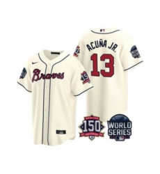 Men's Atlanta Braves #13 Ronald Acuna Jr. 2021 Cream World Series With 150th Anniversary Patch Cool Base Baseball Jersey