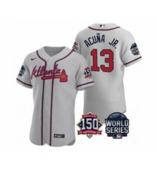 Men's Atlanta Braves #13 Ronald Acuna Jr. 2021 Gray World Series Flex Base With 150th Anniversary Patch Baseball Jersey