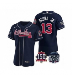 Men's Atlanta Braves #13 Ronald Acuna Jr. 2021 Navy World Series Flex Base With 150th Anniversary Patch Baseball Jersey