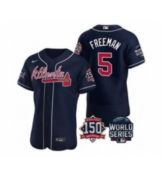 Men's Atlanta Braves #5 Freddie Freeman 2021 Navy World Series Flex Base With 150th Anniversary Patch Baseball Jersey