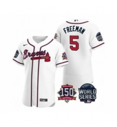 Men's Atlanta Braves #5 Freddie Freeman 2021 White World Series Flex Base With 150th Anniversary Patch Baseball Jersey