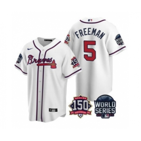 Men's Atlanta Braves #5 Freddie Freeman 2021 White World Series With 150th Anniversary Patch Cool Base Baseball Jersey
