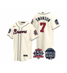 Men's Atlanta Braves #7 Dansby Swanson 2021 Cream World Series With 150th Anniversary Patch Cool Base Baseball Jersey