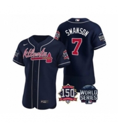 Men's Atlanta Braves #7 Dansby Swanson 2021 Navy World Series Flex Base With 150th Anniversary Patch Baseball Jersey