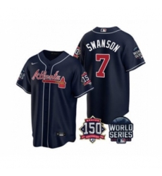 Men's Atlanta Braves #7 Dansby Swanson 2021 Navy World Series With 150th Anniversary Patch Cool Base Baseball Jersey