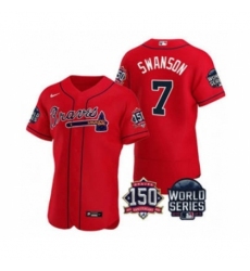 Men's Atlanta Braves #7 Dansby Swanson 2021 Red World Series Flex Base With 150th Anniversary Patch Baseball Jersey