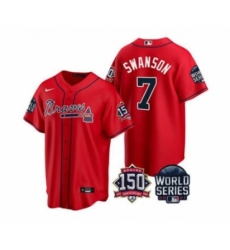 Men's Atlanta Braves #7 Dansby Swanson 2021 Red World Series With 150th Anniversary Patch Cool Base Baseball Jersey