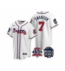 Men's Atlanta Braves #7 Dansby Swanson 2021 White World Series With 150th Anniversary Patch Cool Base Baseball Jersey