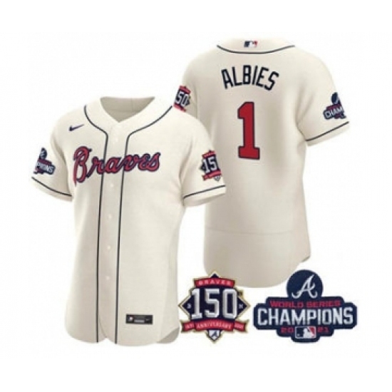 Men's Atlanta Braves #1 Ozzie Albies 2021 Cream World Series Champions With 150th Anniversary Flex Base Stitched Jersey