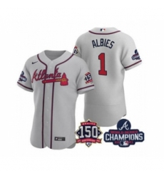 Men's Atlanta Braves #1 Ozzie Albies 2021 Gray World Series Champions With 150th Anniversary Flex Base Stitched Jersey