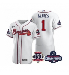 Men's Atlanta Braves #1 Ozzie Albies 2021 White World Series Champions With 150th Anniversary Flex Base Stitched Jersey