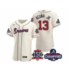 Men's Atlanta Braves #13 Ronald Acuna Jr. 2021 Cream World Series Champions With 150th Anniversary Flex Base Stitched Jersey