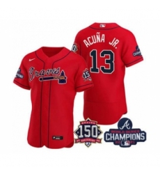 Men's Atlanta Braves #13 Ronald Acuna Jr. 2021 Red World Series Champions With 150th Anniversary Flex Base Stitched Jersey