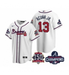Men's Atlanta Braves #13 Ronald Acuna Jr. 2021 White World Series Champions With 150th Anniversary Patch Cool Base Stitched Jersey