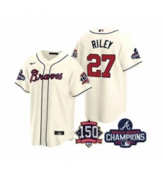 Men's Atlanta Braves #27 Austin Riley 2021 Cream World Series Champions With 150th Anniversary Patch Cool Base Stitched Jersey