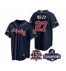 Men's Atlanta Braves #27 Austin Riley 2021 Navy World Series Champions With 150th Anniversary Patch Cool Base Stitched Jersey