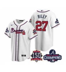 Men's Atlanta Braves #27 Austin Riley 2021 White World Series Champions With 150th Anniversary Patch Cool Base Stitched Jersey