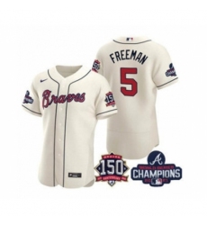 Men's Atlanta Braves #5 Freddie Freeman 2021 Cream World Series Champions With 150th Anniversary Flex Base Stitched Jersey
