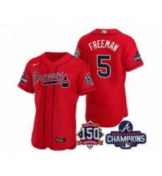 Men's Atlanta Braves #5 Freddie Freeman 2021 Red World Series Champions With 150th Anniversary Flex Base Stitched Jersey