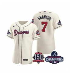 Men's Atlanta Braves #7 Dansby Swanson 2021 Cream World Series Champions With 150th Anniversary Flex Base Stitched Jersey