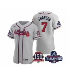 Men's Atlanta Braves #7 Dansby Swanson 2021 Gray World Series Champions With 150th Anniversary Flex Base Stitched Jersey