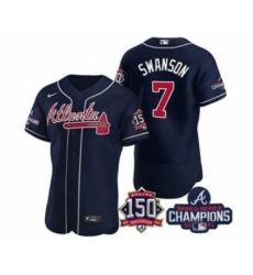 Men's Atlanta Braves #7 Dansby Swanson 2021 Navy World Series Champions With 150th Anniversary Flex Base Stitched Jersey
