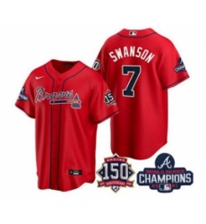 Men's Atlanta Braves #7 Dansby Swanson 2021 Red World Series Champions With 150th Anniversary Patch Cool Base Stitched Jersey