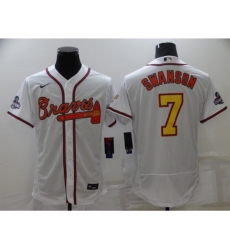 Men's Atlanta Braves #7 Dansby Swanson 2021 White Gold World Series Champions Jersey