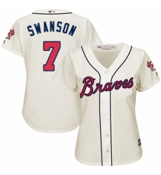 Women's Majestic Atlanta Braves #7 Dansby Swanson Replica Cream Alternate 2 Cool Base MLB Jersey
