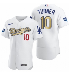 Men's Los Angeles Dodgers #10 Justin Turner Olive Gold 2020 World Series Champions Authentic Jersey